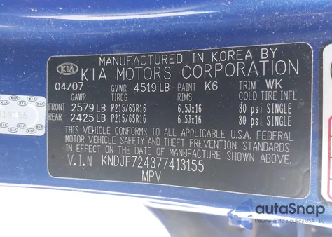 2007 Kia Sportage Lx z USA, uszkodzony, nr VIN KNDJF724377413155